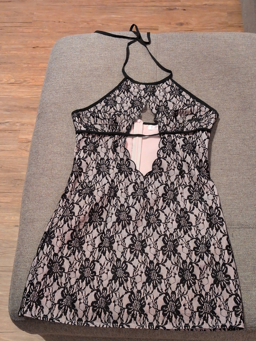 Black Lace Halter Mini Dress with Pink Lining